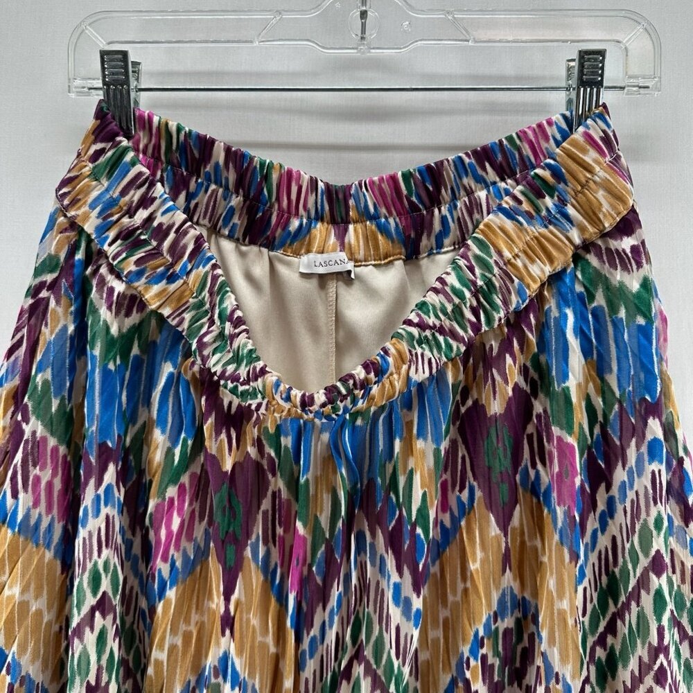 Lascana Pleated Midi Skirt Size 8 Geometric Ikat Lined Elastic Waist Multi-Color - Picture 10 of 12